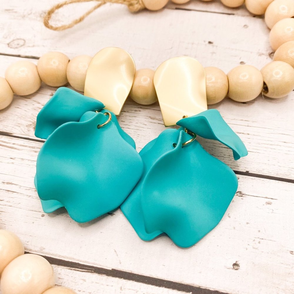 Teal flower petal earrings
